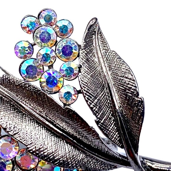 Vintage Alfred Sung Gray Tone Floral Brooch With Aurora Borealis Rhinestones - Picture 2 of 7
